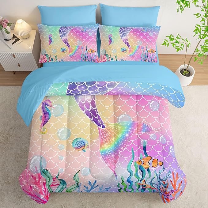 7Pcs Mermaid Tail Comforter Set Pink Scales Printed Bedding Set with 1 Comforter, 1 Flat Sheet, 1 Fitted Sheet and 4 Pillowcases for Boys and Girls Bedroom All Season(Full)