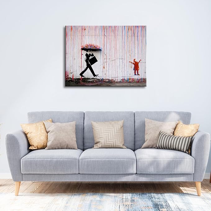Wieco Art Large Banksy Raining Day or Colorful Graffiti Street Famous Canvas Prints Wall Art Modern Inspirational Grey Love Pictures Print Artwork for Kitchen Home Office Decor