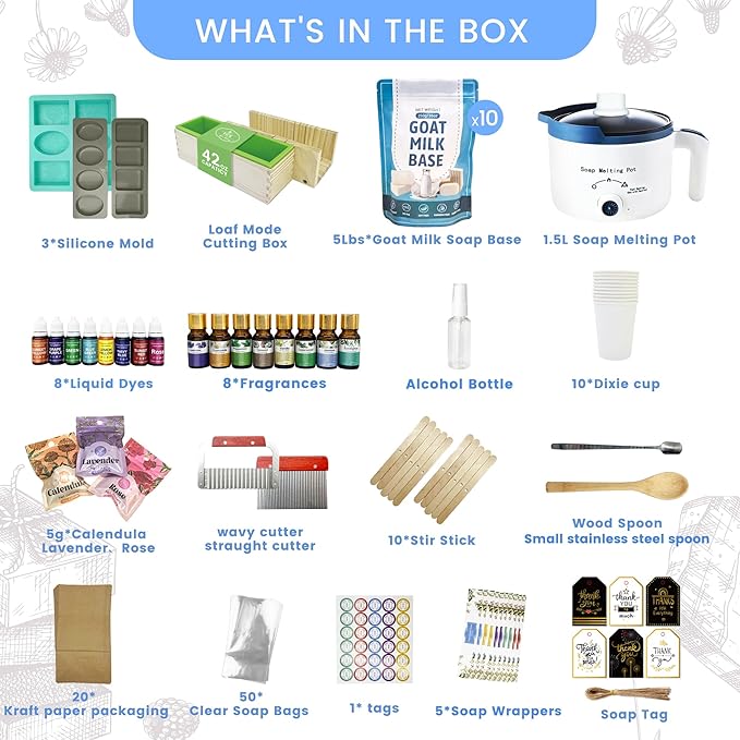 Deluxe Goat Milk Soap Making Kit for Adults, DIY Natural Soap Making Supplies Kit Included Soap Melting Pot, Goat Milk Soap Base, Dyes, Essential Oils and Supplies for Making Soaps Gift
