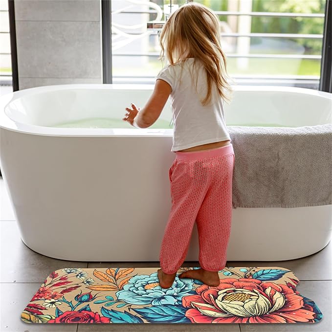 Bohemia Floral Bathtub Mat Non Slip for Kids 40x16in Extra Long Anti Slip Bath Mat for Tub Boho Flower Bath Shower Mat with Large Drain Holes and Suction Cups Vintage Plant Design Bathroom Decor