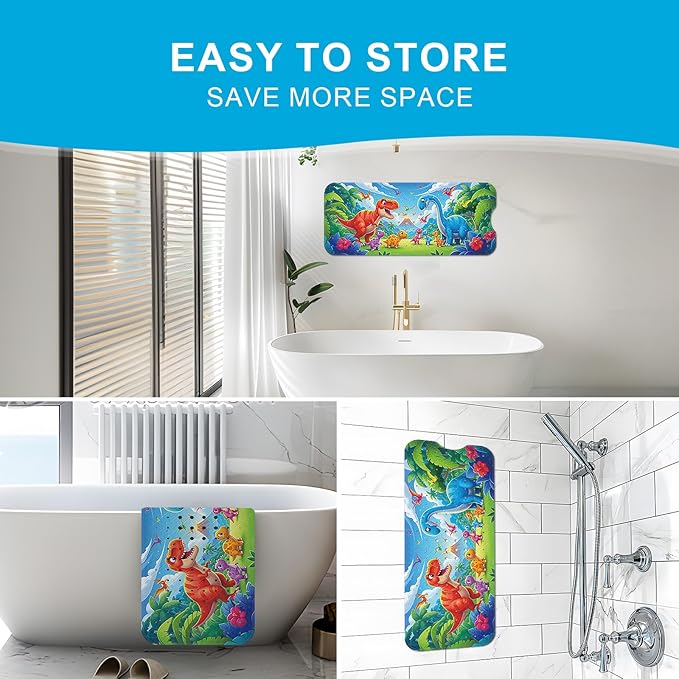 XIYUNTE Baby Bath Mat for Tub Non Slip Kids Bath Mat - 40''x16'' Extra Long Cartoon Bathtub Mat Non Slip Kids Shower Mat Eco-Friendly Toddler Bath Mats with Suction Cups, Machine Washable, Dinosaur