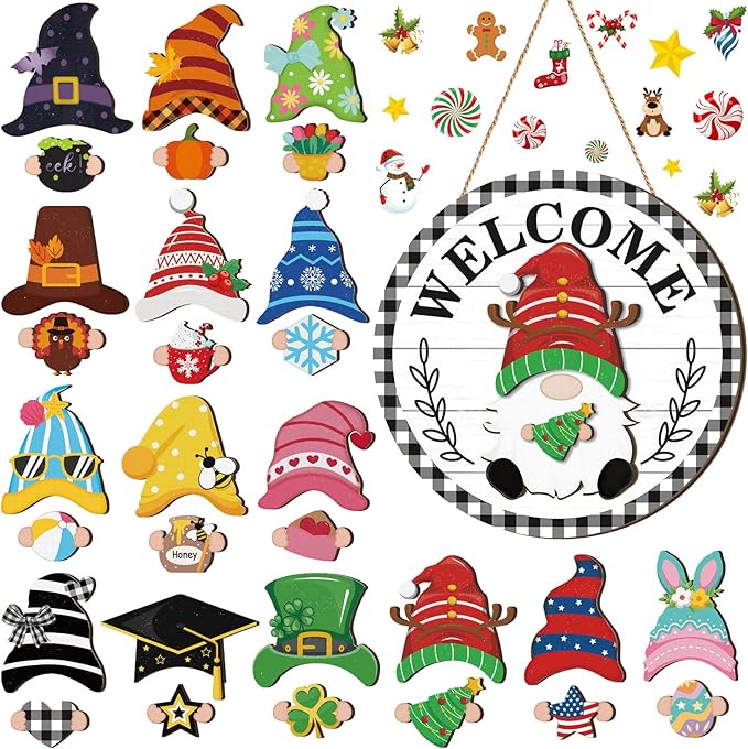 Qunclay Interchangeable Wooden Gnome Decor Holiday Seasonal Gnome Decorations with Magnet Pieces and Detachable Hats Changeable Welcome Sign for Home(Black and White Checkered Style)