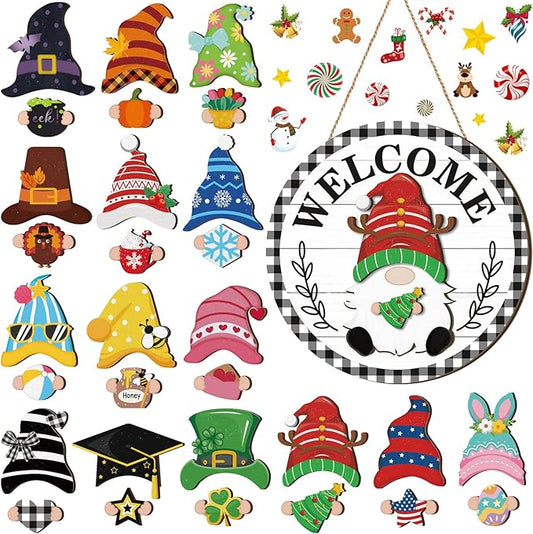 Qunclay Interchangeable Wooden Gnome Decor Holiday Seasonal Gnome Decorations with Magnet Pieces and Detachable Hats Changeable Welcome Sign for Home(Black and White Checkered Style)