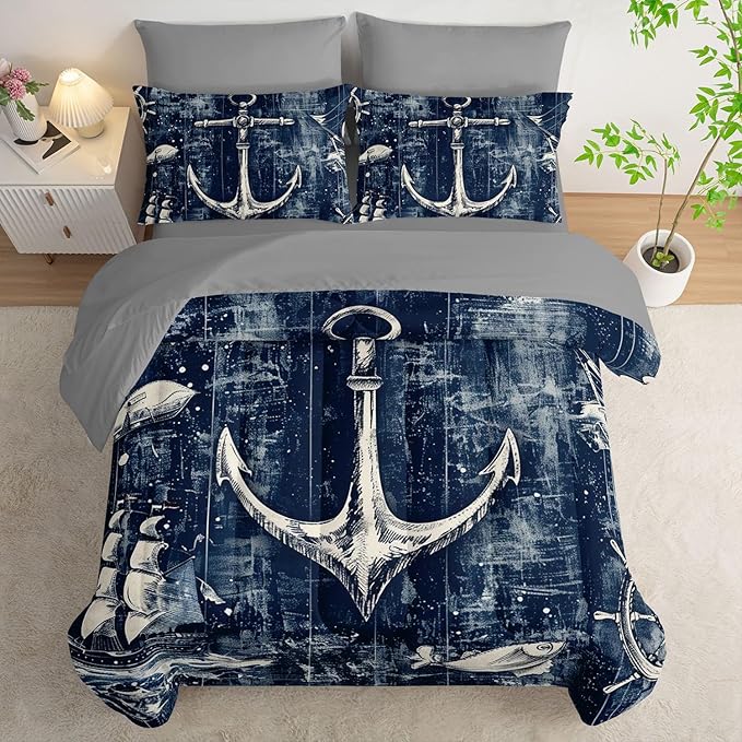 7Pcs Nautical Anchor Comforter Set Ocean Sailboat Printed Bedding Set with 1 Comforter, 1 Flat Sheet, 1 Fitted Sheet and 4 Pillowcases for Bedroom All Season(Anchor Queen)