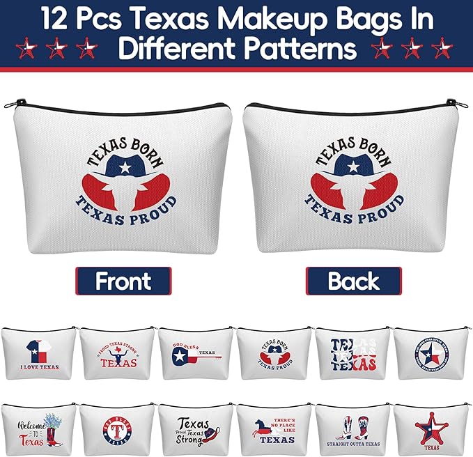12 Pcs Texas Souvenirs Gifts Novelty Cosmetic Makeup Bag Gift Red White Blue Zipper Pouch Bag Texas State Independence Day Gifts for Women Home Birthday Party Favors