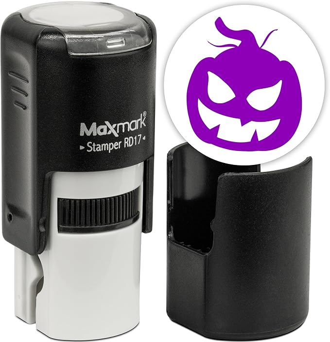 MaxMark Round Self Inking Halloween Stamp - Pumpkin - Purple Ink