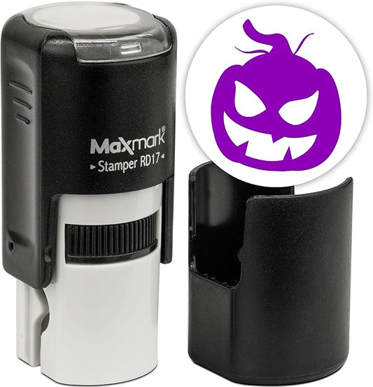 MaxMark Round Self Inking Halloween Stamp - Pumpkin - Purple Ink