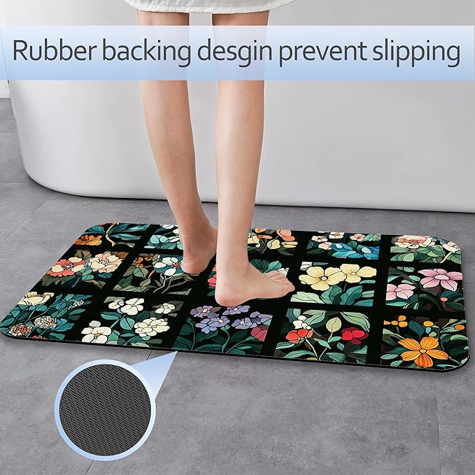 Bathroom Rug 29.5"x17", Groovy Abstract Flowers Bath Mat with Non-Slip Rubber Backing, Quick-Drying Absorbent Thin Floor Mat for Bathroom, Shower, Sink, or Kitchen