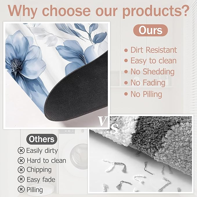 Bath Mat,Blue Gray Watercolor Floral Bathroom Rugs,Quick-Drying Non-Slip Rubber Bath Mats Absorbent Diatomaceous Earth Mat for Bathroom Home Decor 17"x29.5"