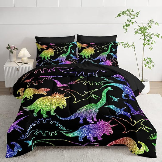 Rainbow Dinosaur Comforter Set (7 Piece) - Kids Bedding Black Dinosaur Duvet Set for Boys Girls Teens, Quilt Bed Set with 2 Pillow Shams, Flat Sheet & Fitted Sheet (Queen) - Room Decor Gifts