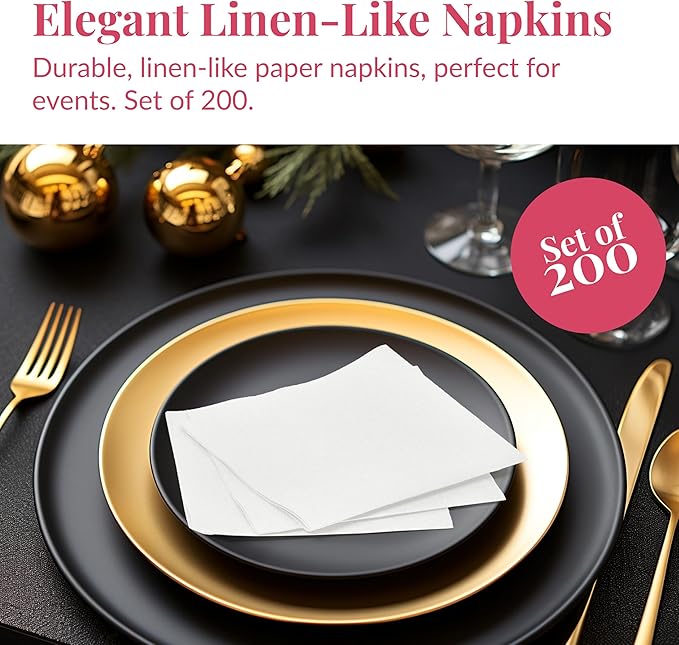 Prestee Linen Feel Guest Towels - Paper Hand Towels - Cocktail Napkins - 5inch Folded / 9.5inch Unfolded - 200 count - Soft and Absorbent Disposable Napkins for Parties and Events - White
