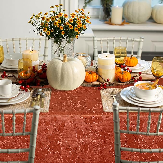 misaya Rectangle Thanksgiving Tablecloth, Waterproof Jacquard Fall Table Cloth, Damask Cloth Table Cover for Harvest Decor (60" x 120", Rust Maple Leaf)