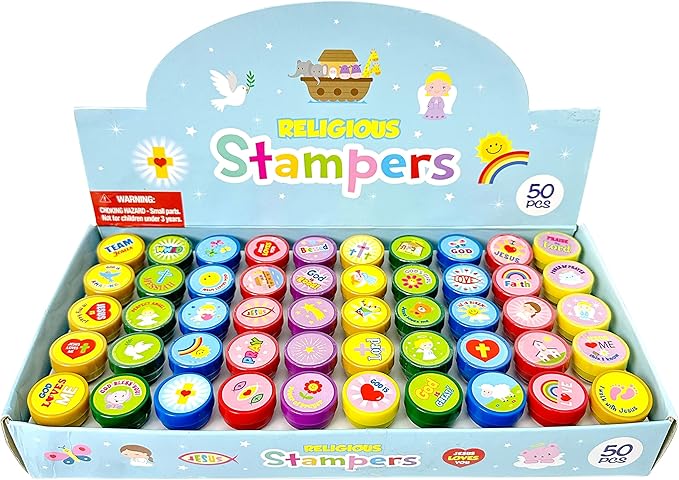 TINYMILLS 50 Pcs Religious Stampers for Kids – Assorted Christian Self Inking Stamps, Religious Prizes, Carnival Prizes, Vacation Bible School VBS, Sunday School & Church Event Giveaways