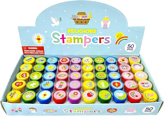 TINYMILLS 50 Pcs Religious Stampers for Kids – Assorted Christian Self Inking Stamps, Religious Prizes, Carnival Prizes, Vacation Bible School VBS, Sunday School & Church Event Giveaways