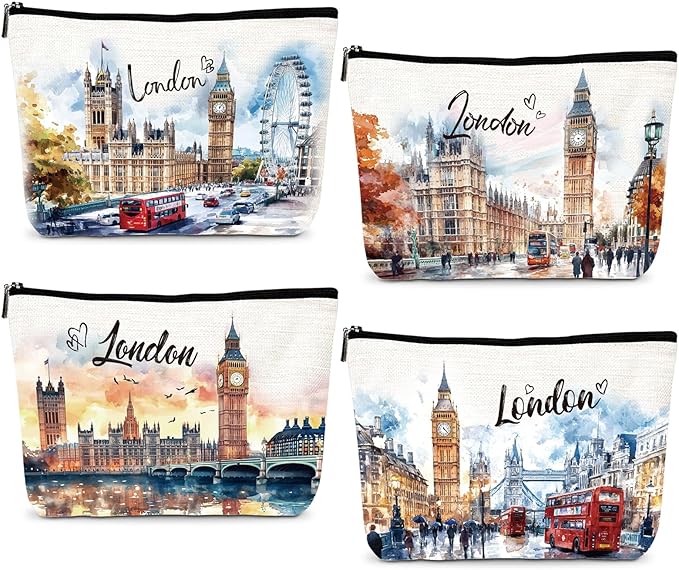 London Travel Souvenirs Gifts - 4Pcs British Travel Must Have Essentials, Watercolor London City Makeup Cosmetic Bags, British Toiletry Zipper Pouch Gifts for Travelers Women Girls Friends