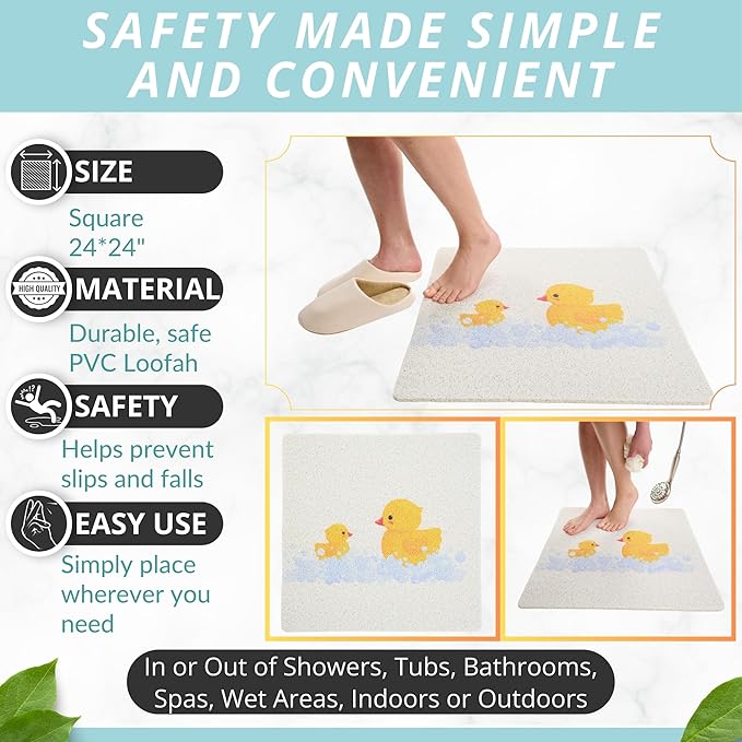 Enkosi Loofah Non-Slip Shower Mat – Square Anti-Slip Bath Mat for Kids, Tub, Bathtub & Walk-in Stalls, Cushioned PVC, Quick-Dry with Drain Holes – Bathroom Floor Safety Pad (Duck, 24x24)