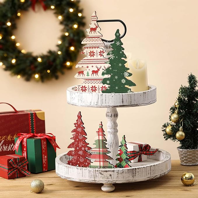 5 Pcs Wooden Christmas Tree Tabletop Decorations, Small Christmas Tree Set for Table Mantel Shelf Office Decor, Xmas Tiered Tray Decor, Xmas Tabletop Decoration