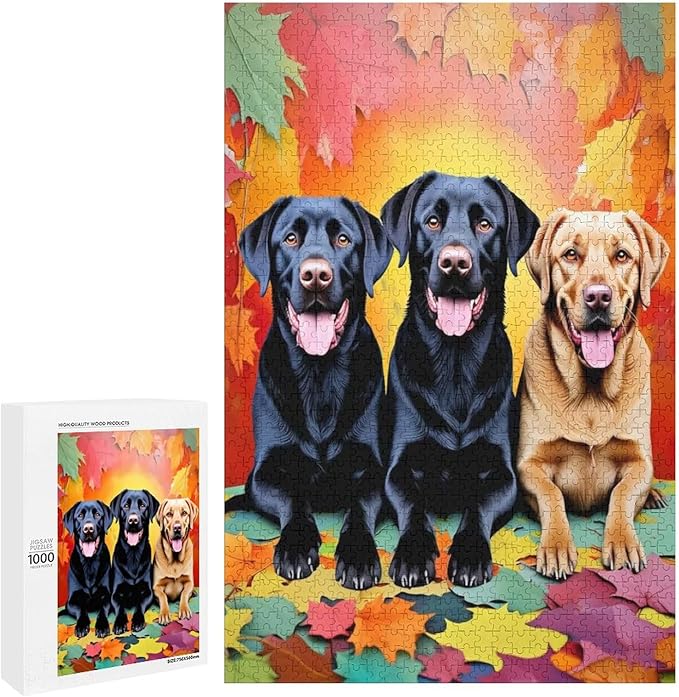 Puzzles for Adults 1000 Pieces Wooden Jigsaw Puzzle - Labrador Retriever Dog in Autumn Park Theme Puzzle，Party Games，Family Toys，Educational Puzzles，Stress Relief Wooden Puzzle，Home Decoration