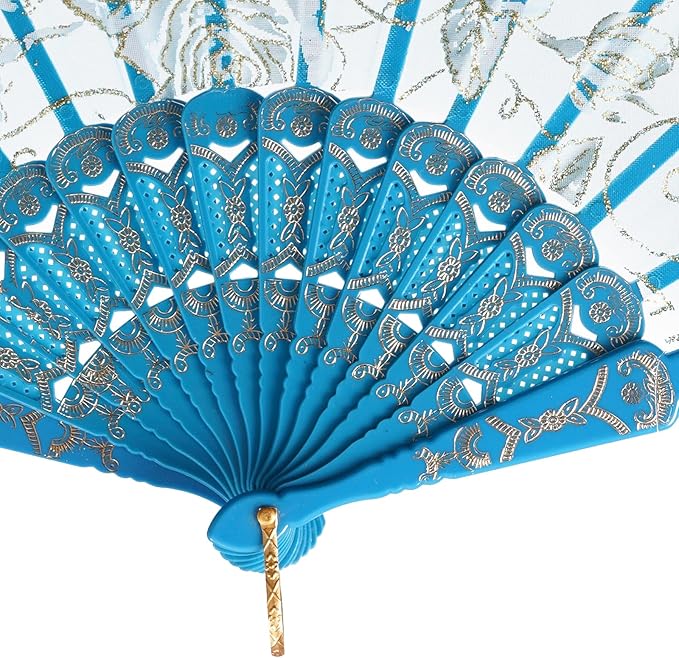 QIRMIZI 10 Pcs Rose Lace Folding Fans,Silk Folding Hand Fans, Perfect for Weddings, Parties, and Dancing,Light Blue