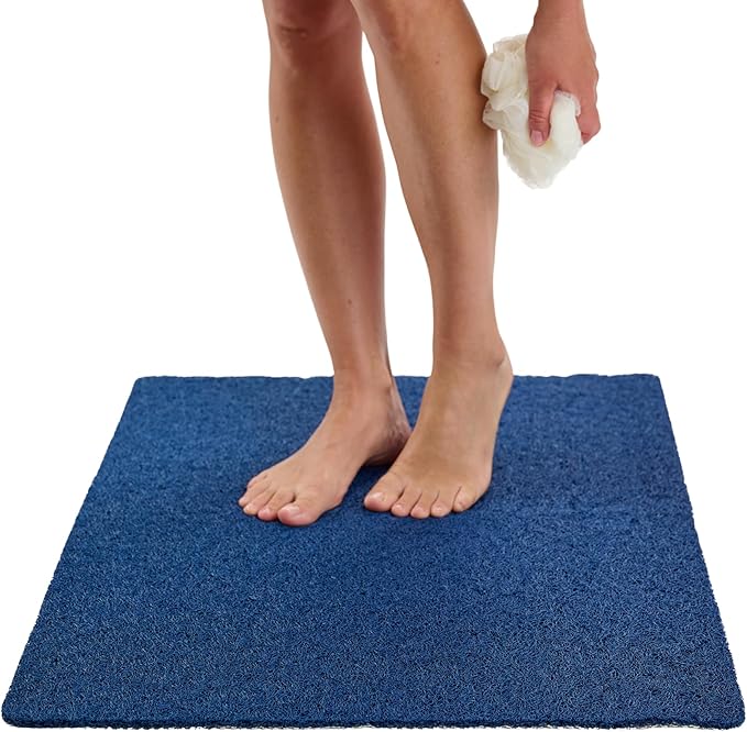 Enkosi Loofah Non-Slip Shower Mat - Shower Floors, Bathtub, Bathrooms, Wet Areas - Cushioned Bath Mat with Drain Holes - Quick Dry PVC, Secure Safety Pad Without Suction Cups (32x24 Navy)