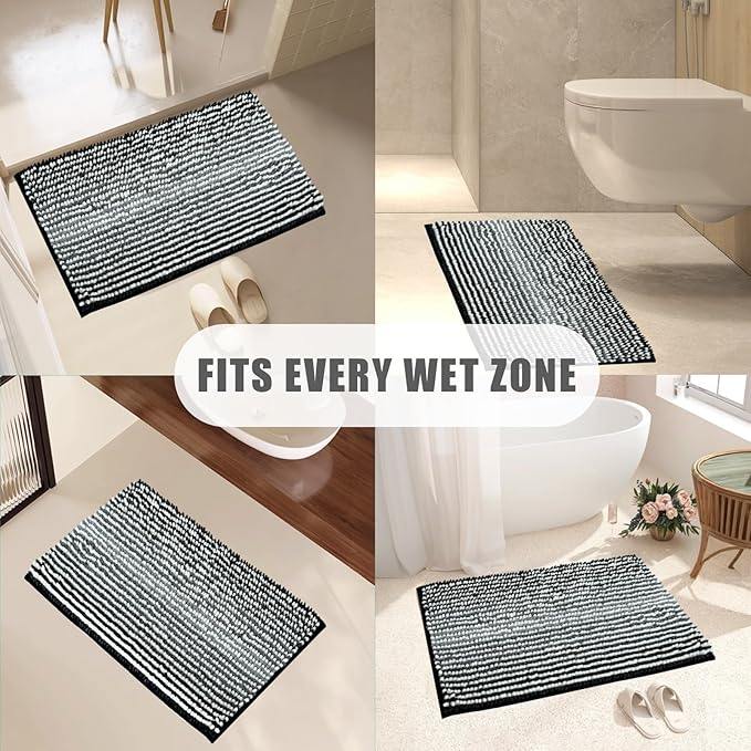 HDFK Bath Mat & Bathroom Rug - Extended Soft Chenille Shower Carpet, Super Absorbent Non-Slip with Hot Melt Adhesive Base, Washable Slim Fit Striped for Bathtub Floors (47x20 Inch, Black & White)