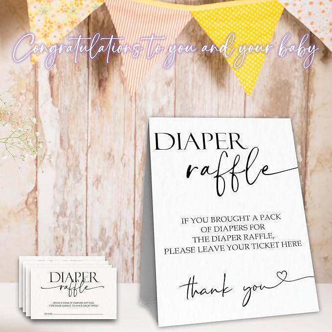 Baby Shower Diaper Raffle Game Set,White Baby Shower Game Kit,Minimalism Theme1 Standing Sign & 50 Raffle Tickets,Baby Announcement,Gender Reveal Party Decorations & Supplies-A11