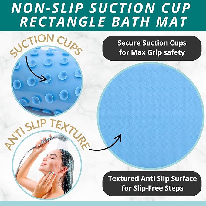 ENKOSI Non Slip Shower Mat – Bath Mat for Tub and Shower Floors – Anti Slip Bathtub Mat with Strong Suction Cup Grip – Soft, Blue Bathroom Mat for Inside Bath and Shower Floors (28x16 Aqua Blue)