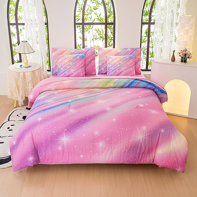 Twin Comforter Set for Girls Galaxy Bedding 7pieces, Ombre Bedding Comforter Sets Rainbow Comforter, Twill Pink