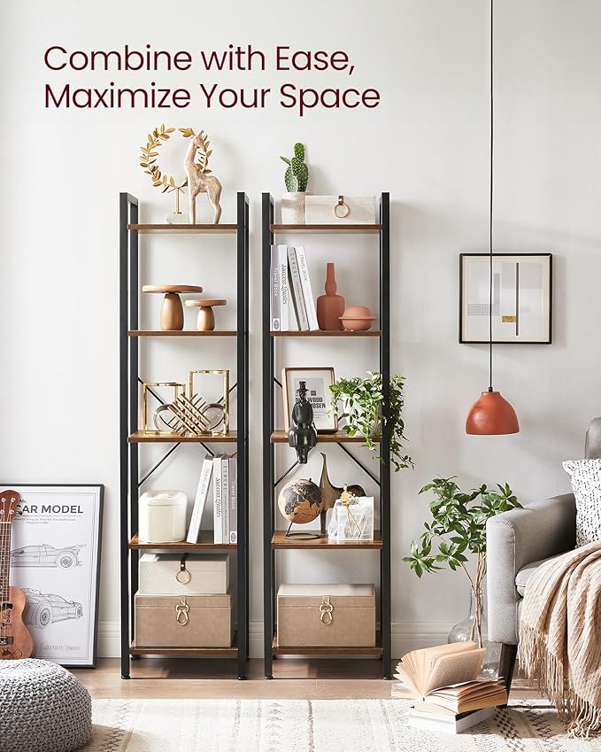 VASAGLE 5-Tier Bookshelf, Bookcase with Steel Frame, Book Shelf for Living Room, Home Office, Study, 11.8 x 15.7 x 60.2 Inches, Industrial Style, Rustic Brown and Ink Black ULLS100B01