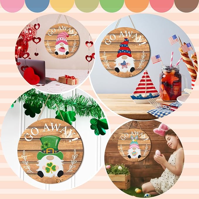 Seasonal Gnome Wall Decor Set, 11.8 inch Wooden Round Sign with Interchangeable Holiday Hats, Welcome Door Hanging (Delicate)