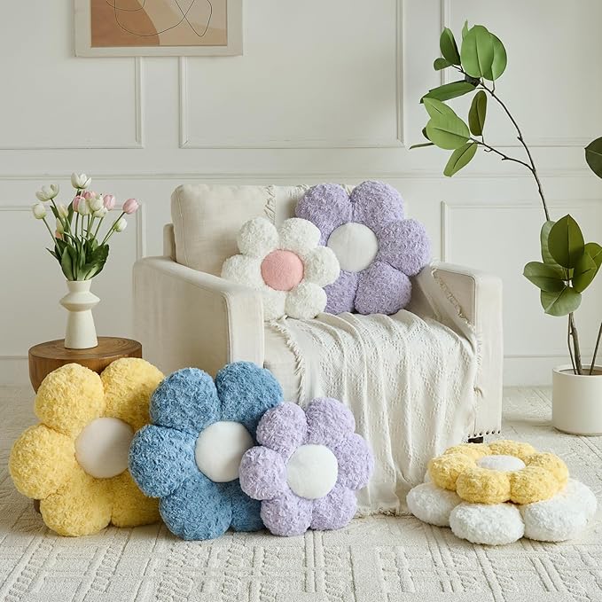 Flower Pillows, Decorative Throw Pillow with Soft Plush for Couch, Flower Shaped Pillow Home Decor Daisy Pillow for Bed (Lavender Purple, 14.9 Inches)