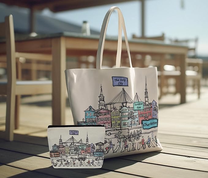 Cities Around the World Artwork Cosmetic Bag Series – Designed in USA, Travel Makeup Bag with Zipper, Souvenir Gift for Women, Artwork Organizer for Purse or Toiletry (Charleston)