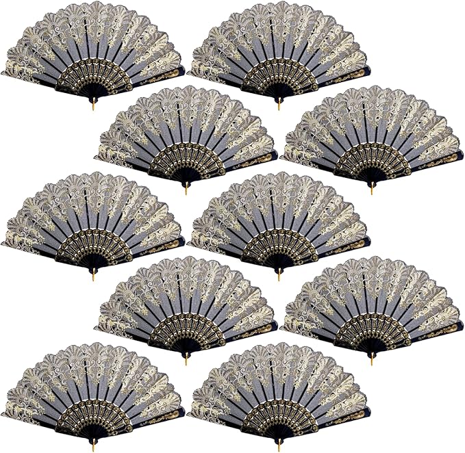 QIRMIZI 30 Pack Folding Handheld Fans,Silk Spanish Fan, Perfect for Weddings, Parties, and Dancing,Black