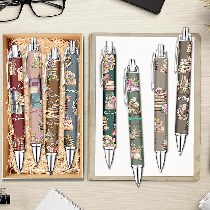 Idealmuzik Book Lover Pens Set – Cute Reading-Themed Gel Pens for Women, Teens, and Kids – Cozy Library Aesthetic Stationery for Journalers, Students, and Writers, 8 Pack