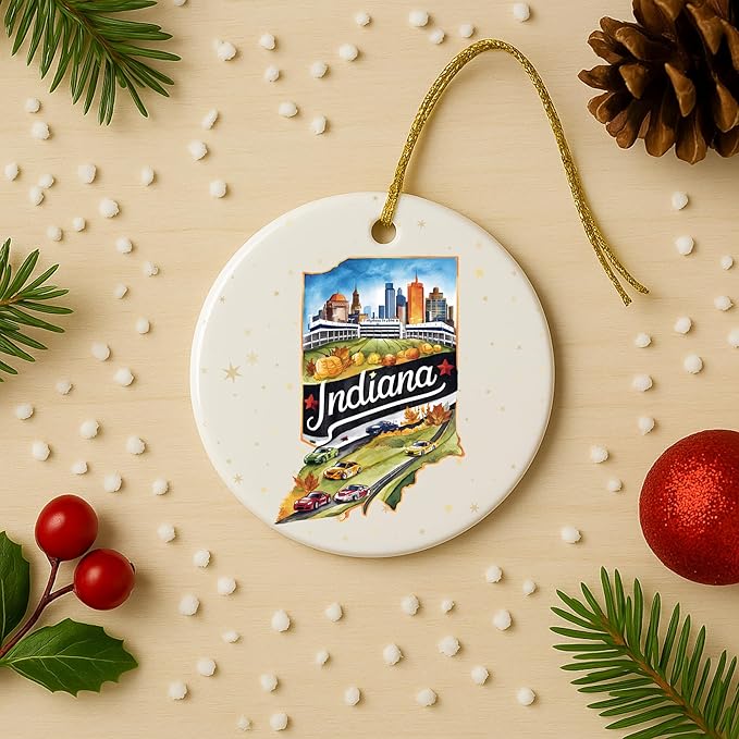 USA State Landmark Ceramic Ornament – Round Glossy Christmas Decoration Featuring U.S. State Art, Landmarks & Holiday Scenery – Collectible Travel Souvenir Ornament Series (Indiana)