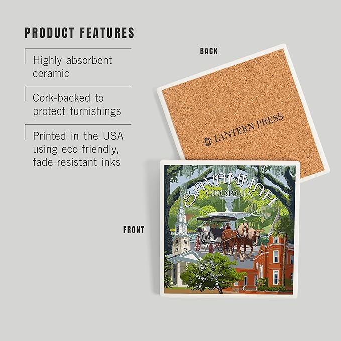 Lantern Press Savannah, Georgia, Town Views (Absorbent Ceramic Coaster, Single, Cork Back, Kitchen Table Decor)