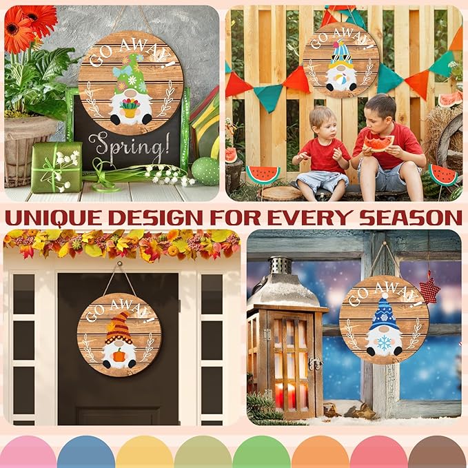 Seasonal Gnome Wall Decor Set, 11.8 inch Wooden Round Sign with Interchangeable Holiday Hats, Welcome Door Hanging (Delicate)