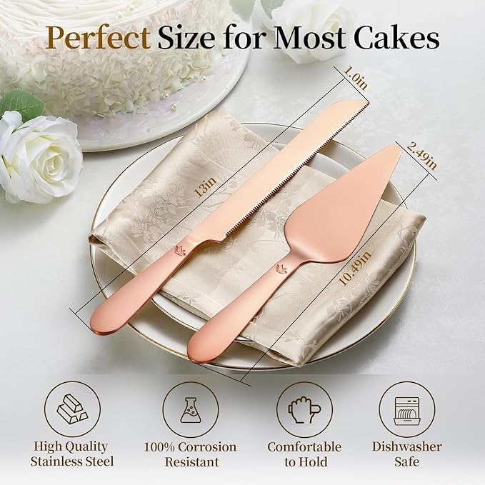 Cake Cutting Set for Wedding - Extended Cake Knife and Server Set Thickened Stainless Steel 13.0" Cake Cutter 10.49" Pie Spatula Great for Birthday Anniversary Christmas Gift 2 Pcs Rose Gold