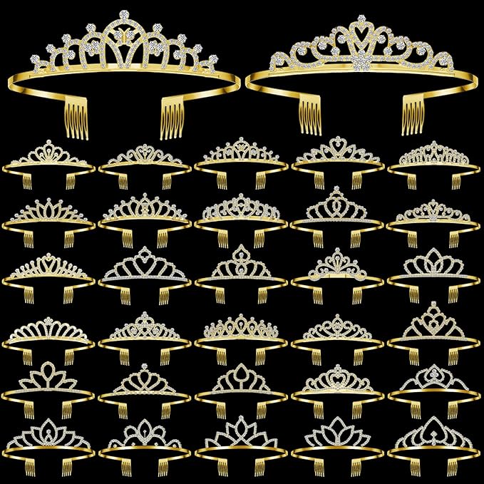 Lyrow 30 Pcs Tiara Crowns for Women Bulk Galentines Day Party Favors Crystal Queen Crowns with Comb Headband Silver Princess Tiaras for Birthday Wedding Halloween Christmas(Chic Style)
