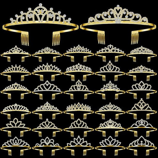 Lyrow 30 Pcs Tiara Crowns for Women Bulk Galentines Day Party Favors Crystal Queen Crowns with Comb Headband Silver Princess Tiaras for Birthday Wedding Halloween Christmas(Chic Style)