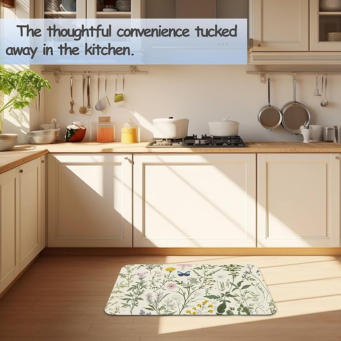 Vintage Floral Bath Mat 29.5"x17", Herbs Wild Flowers Slim Low-Profile Fast Drying Super Absorbent Bathroom Rug with Non-Slip Backing, Easy-Clean Modern Floor Mat for Tub, Shower, or Entryway