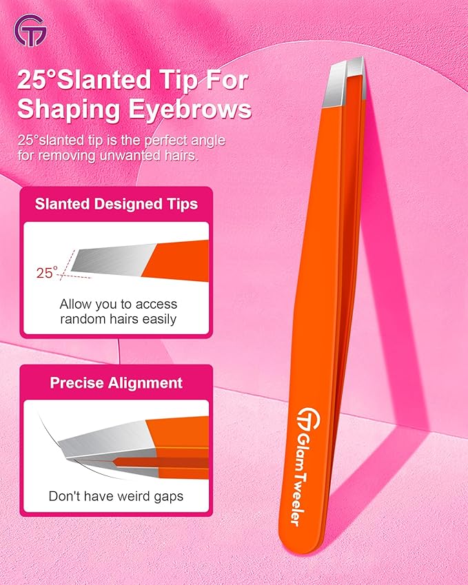 Expert Eyebrow Hair Removal Tweezer with Leather Case, GlamTweeler High Precision Slant Tip Stainless Steel Tweezers for Men and Women (Orange)