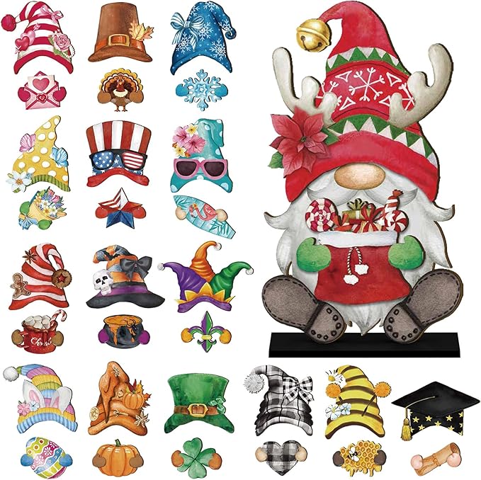 Blulu 34 Pcs Christmas Interchangeable Wooden Gnome Decor DIY Holiday Christmas Seasonal Tiered Tray Decoration Gnomes with Magnet Pieces Welcome Sign for Xmas Holiday Decorations (Retro Watercolor)