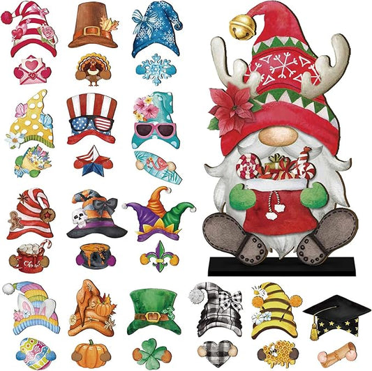 Blulu 34 Pcs Christmas Interchangeable Wooden Gnome Decor DIY Holiday Christmas Seasonal Tiered Tray Decoration Gnomes with Magnet Pieces Welcome Sign for Xmas Holiday Decorations (Retro Watercolor)