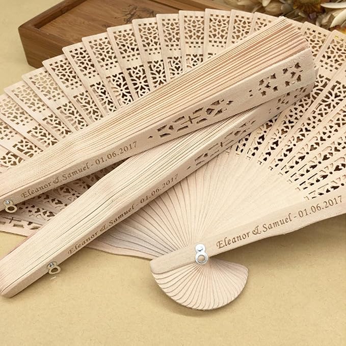 30 Pcs Wedding Fans Personalized Folding Hand Fans, Custom Sandalwood Handheld Fans Bulk Wooden Folding Fan, Vintage Hollow Carved Fans for Wedding Decoration Party Gifts Baby Shower (30 Pcs)