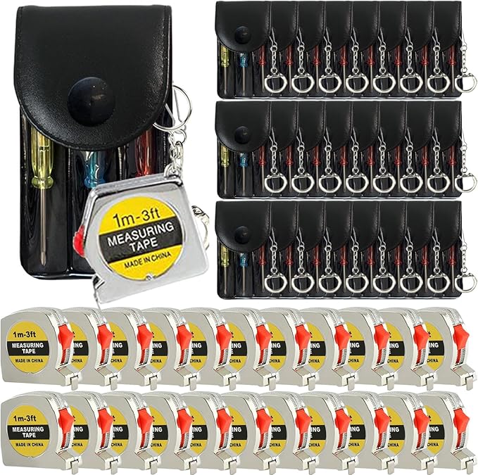 Mini Screwdriver Keychain Tape Measure Keychains Set Retractable Keychain Tape Measure Mini Screwdrivers in Pouch Keychain for Birthday Party Favors and Daily Use, 1 m/ 3 ft (48 Pcs)