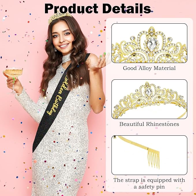 2Pcs Golden Crown Birthday Party Sash Decoration, Birthday Party Decorations Gifts Supplies Exquisite Golden Crown & Sash Decor Supplies for Women, Easy to Store