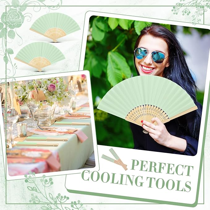 Yinkin 24 Pack Folding Fans Bamboo Handheld Folded Craft Hand Japanese Chinese Fans for Weddings Bridal Dancing Church DIY Decoration Women Gift Party Favors (Light Green)