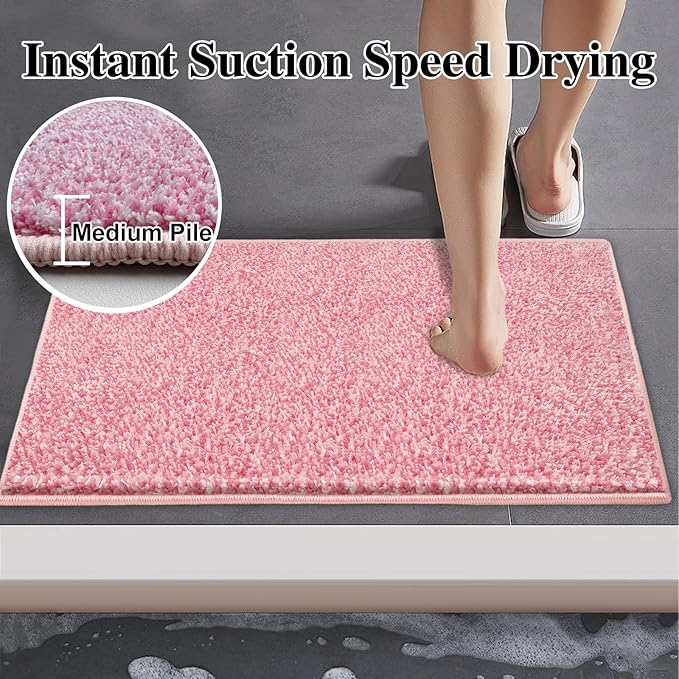 HDFK Bathroom Rugs | Non Slip Washable Bath Mats 2 Tone 30x20 Inches Plush Chenille Medium Pile Floor Mat | High Absorbency Pink and White | Modern Shower Rug for Home Decor