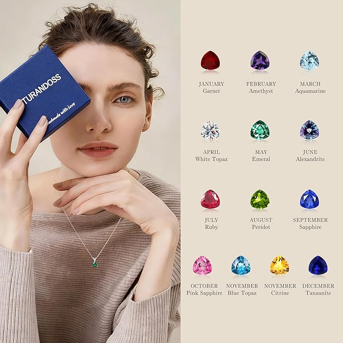 Turandoss S925 Sterling Silver Birthstone Necklaces for Women, Dainty 925 Sterling Silver 12 Months Triangle Birthstone Pendant Necklace Silver Jewelry Birthday Gifts for Teen Girls